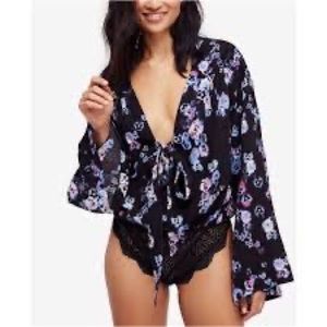 Free People Forties Feels Printed Bell-Sleeve Bodysuit